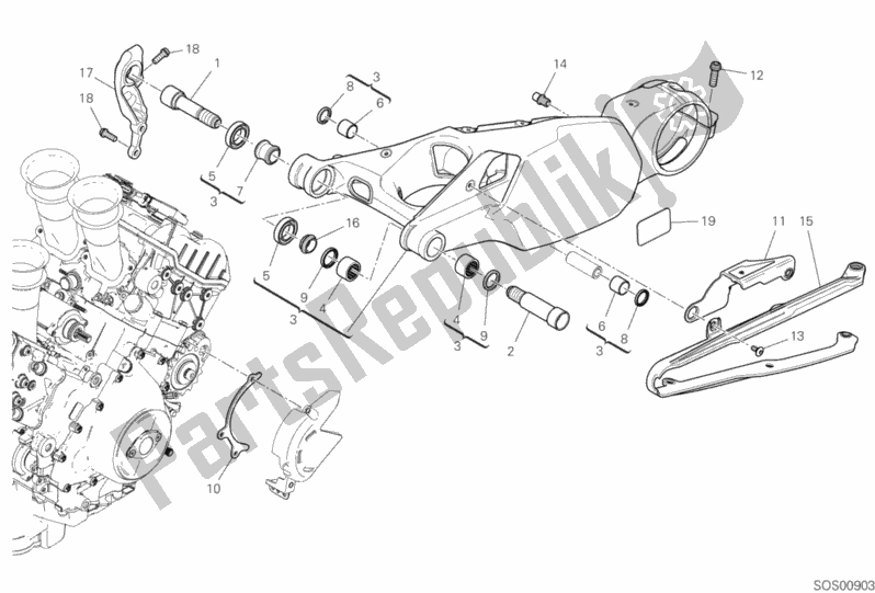 Alle onderdelen voor de Forcellone Posteriore van de Ducati Superbike Panigale V4 S USA 1100 2019